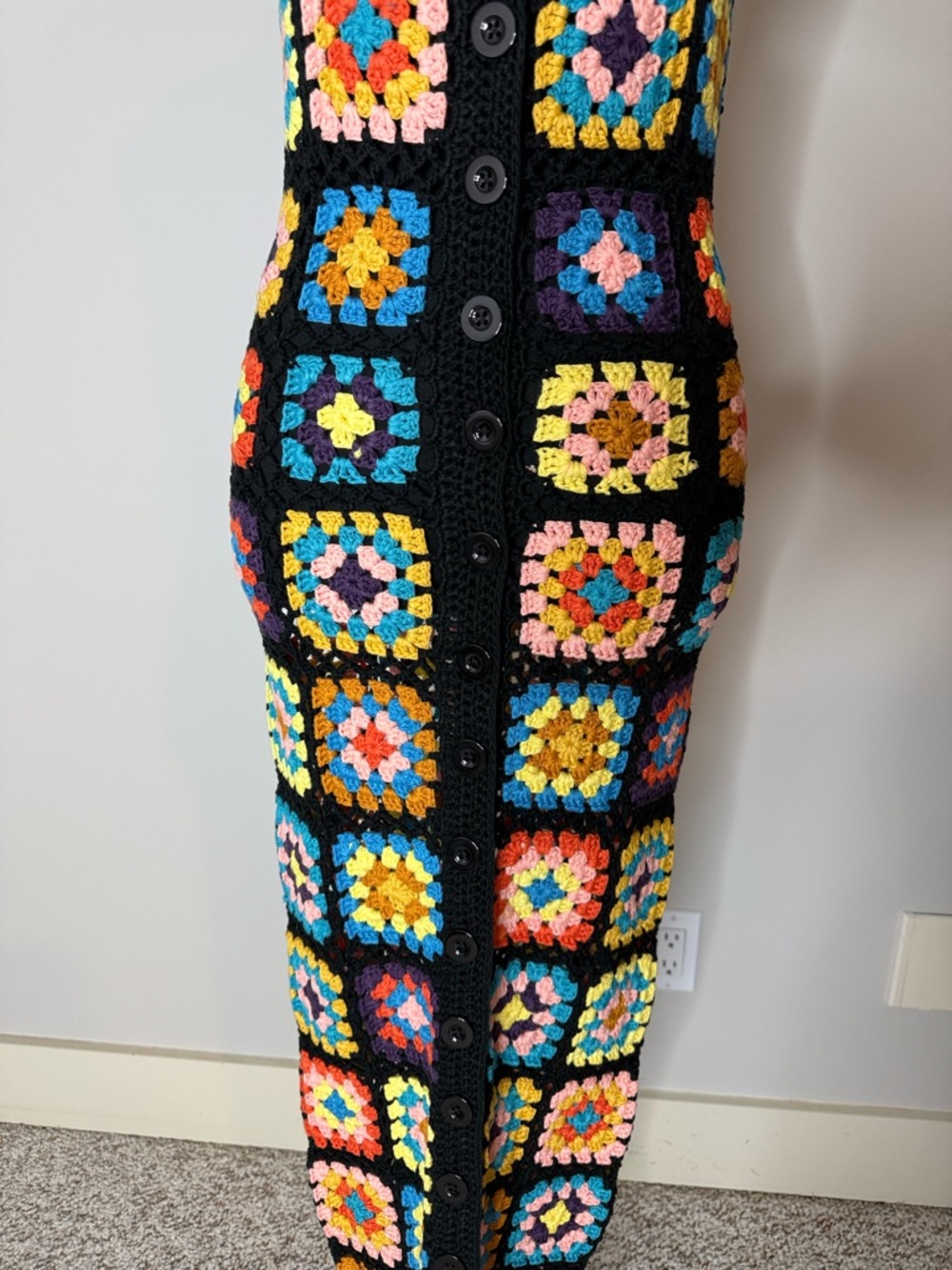 Crochet Knit Granny Square Button Down Maxi Dress Black Sleeveless Boho Medium - Picture 7 of 12
